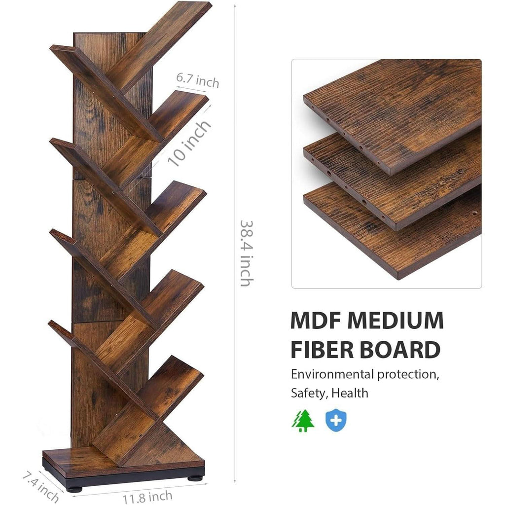 8 Tier Tree Bookshelf Floor Standing Bookcase For Books CDs Rustic Wood