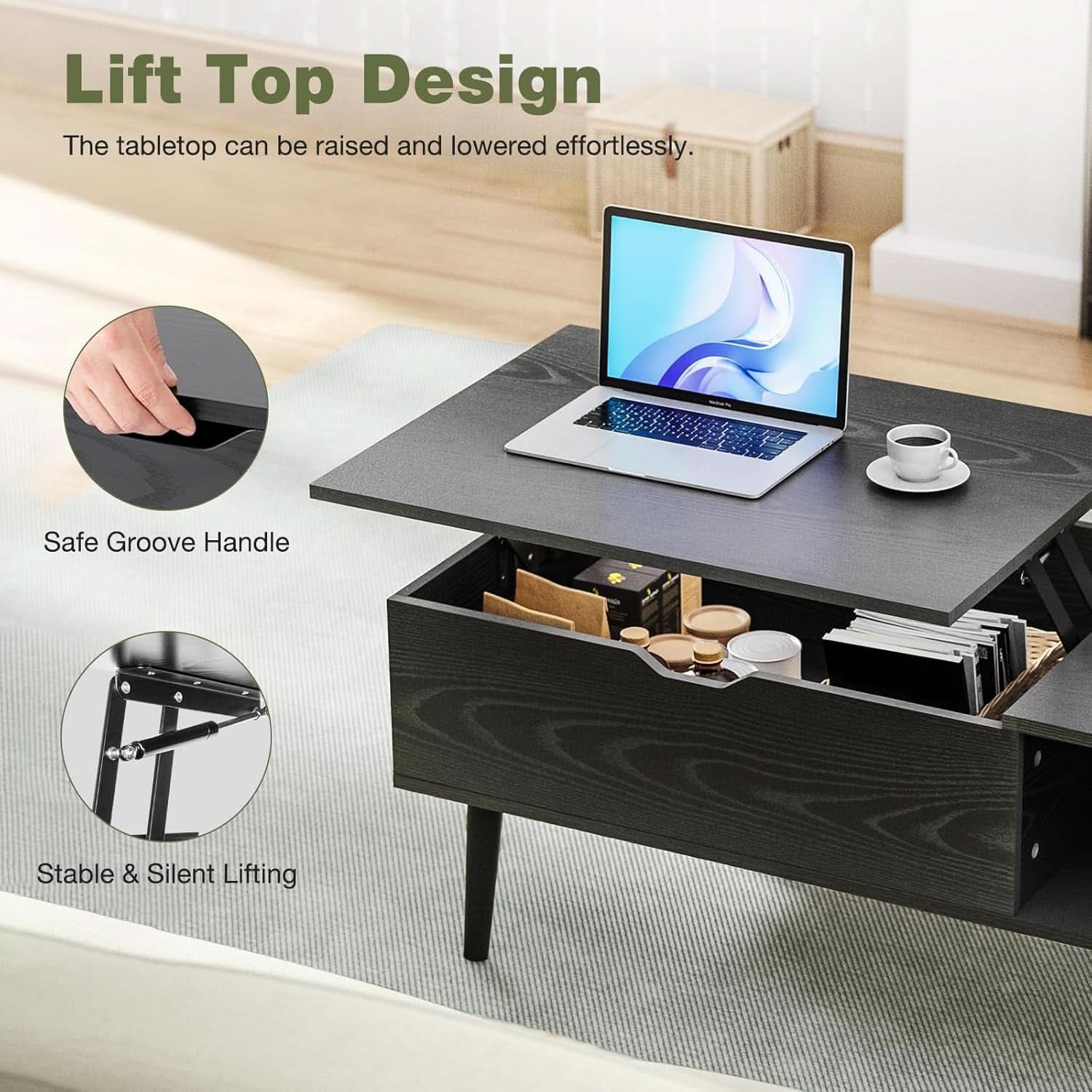 Black Wood Lift Top Coffee Table With Hidden Compartment