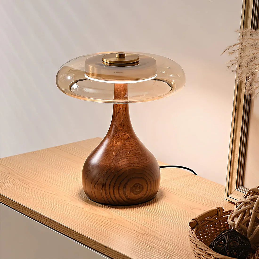 Mid-Century Wood & Glass Disc Table Lamp