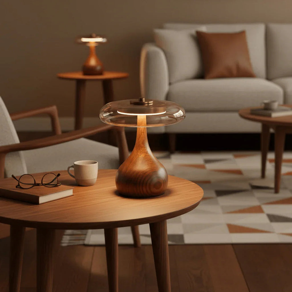 Mid-Century Wood & Glass Disc Table Lamp