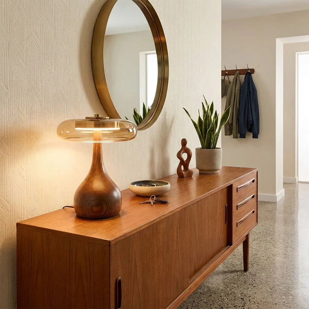 Mid-Century Wood & Glass Disc Table Lamp