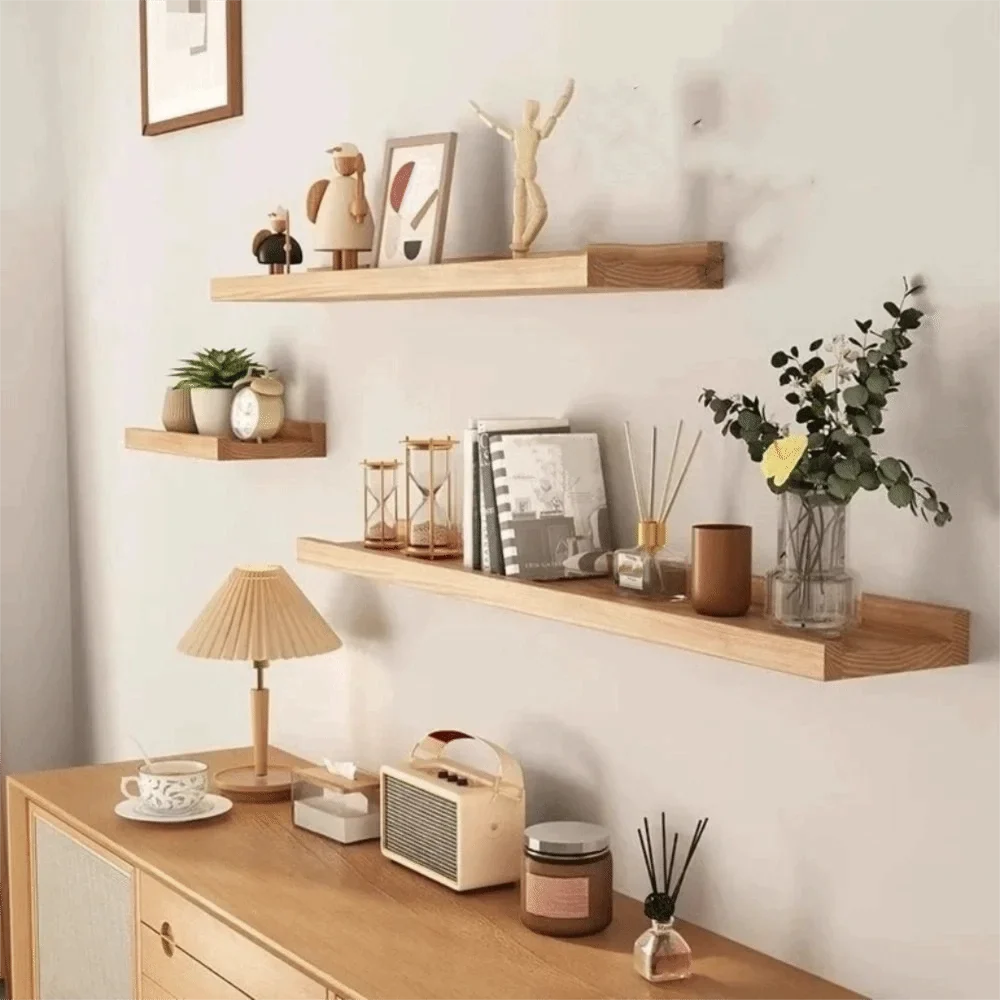 Space Saving Wooden Floating Shelf Minimalist Style Decorative Display Stand Rustic Bookshelf Organizer Living Room