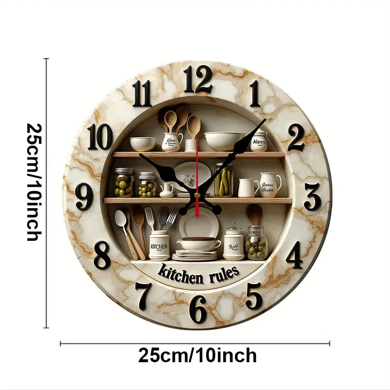 2D Flat Kitchen Rules Design Wooden Round Silent Hanging Wall Clock,For Living Room,Office,Study Room,Bedroom, Home Decoration