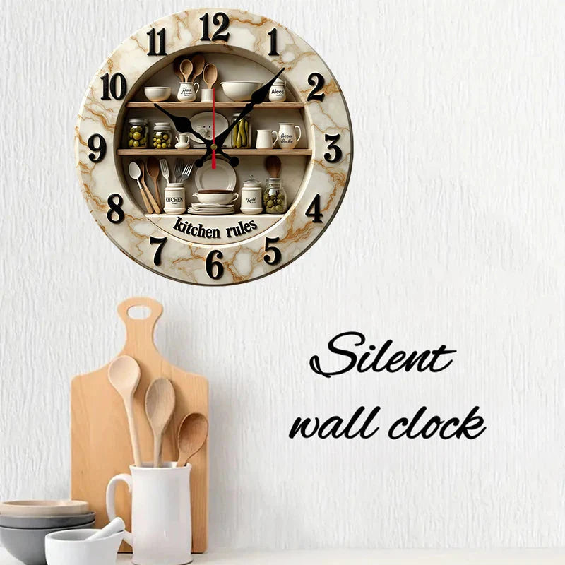 2D Flat Kitchen Rules Design Wooden Round Silent Hanging Wall Clock,For Living Room,Office,Study Room,Bedroom, Home Decoration