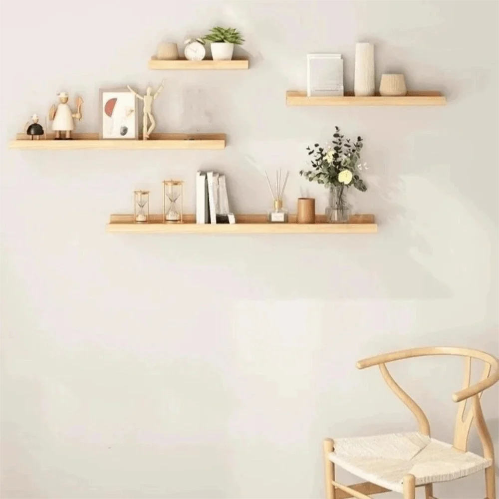 Space Saving Wooden Floating Shelf Minimalist Style Decorative Display Stand Rustic Bookshelf Organizer Living Room