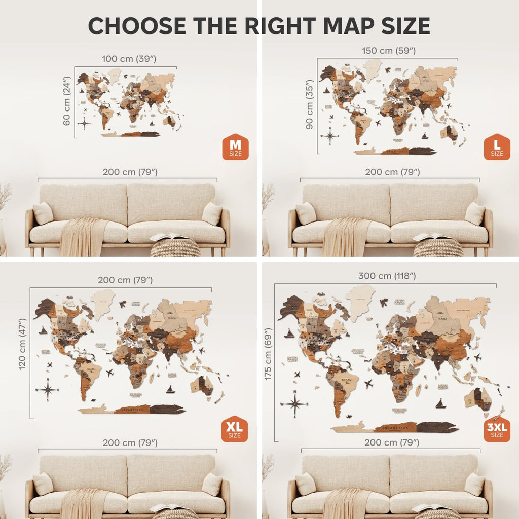 3D Wooden World Map Multicolor